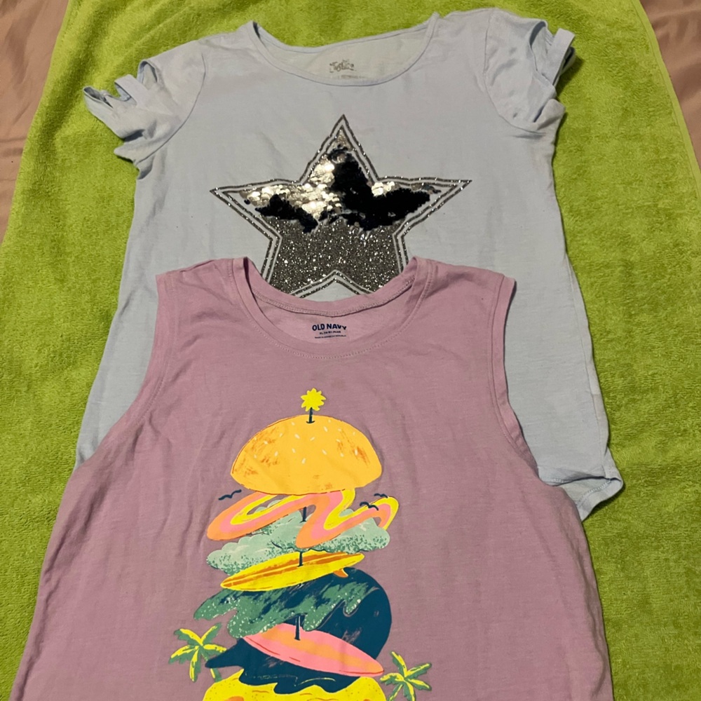 Lot of 2 T-shirts: Old Navy Lavender w/ Surf Burger & Justice Blue Sequin Star